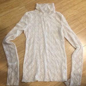 Free People White Lace Turtleneck Long Sleeve Top
